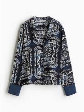 H&M dark blue paisley print long sleeve button down blouse XS